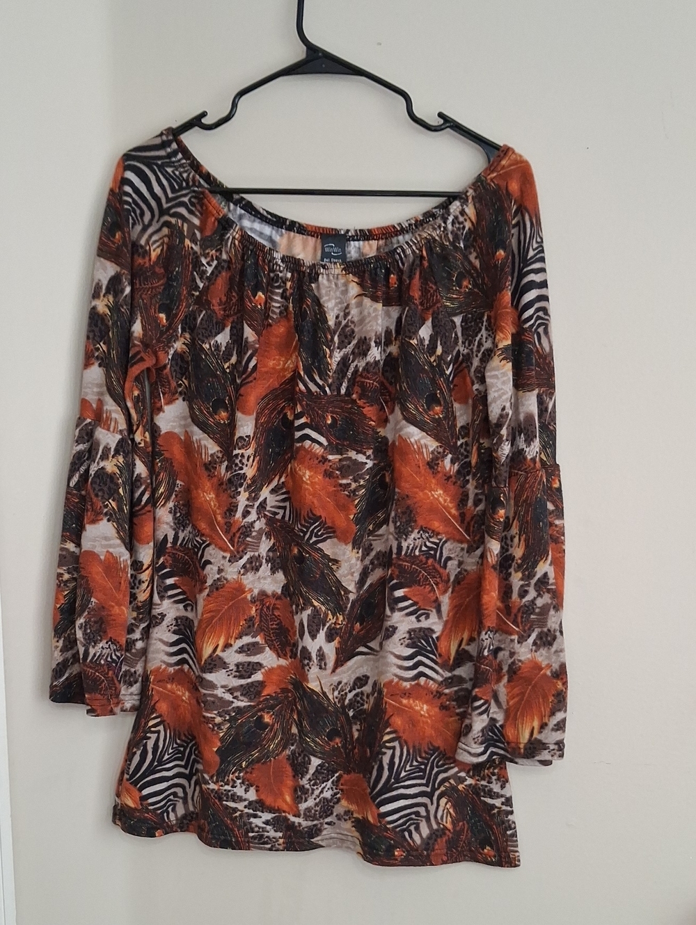 WinWin Orange & Black Feather Print Peasant Top